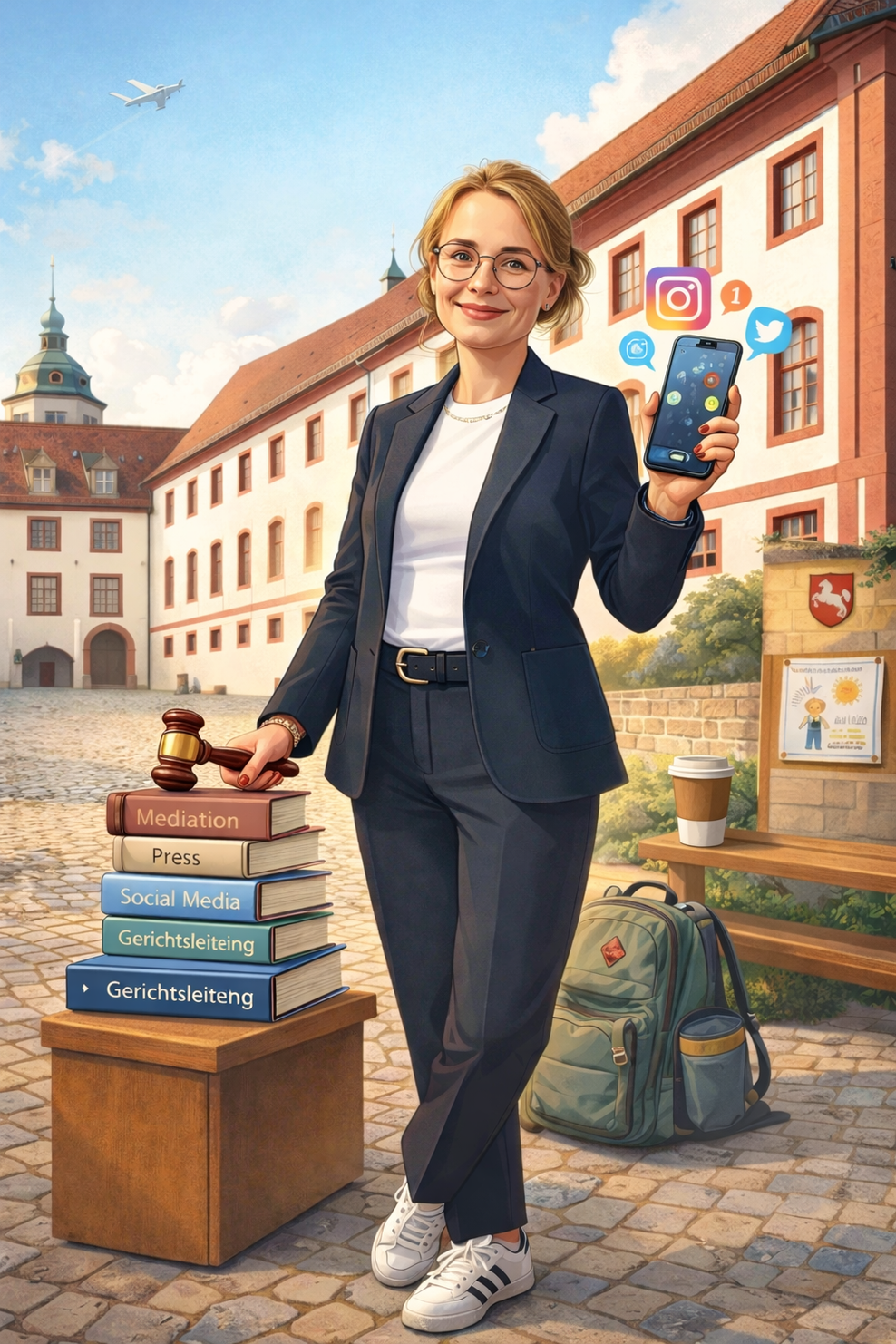 ein durch KI generiertes Bild, das eine Frau im Hosenanzug mit Arbeitsutensilien zeigt